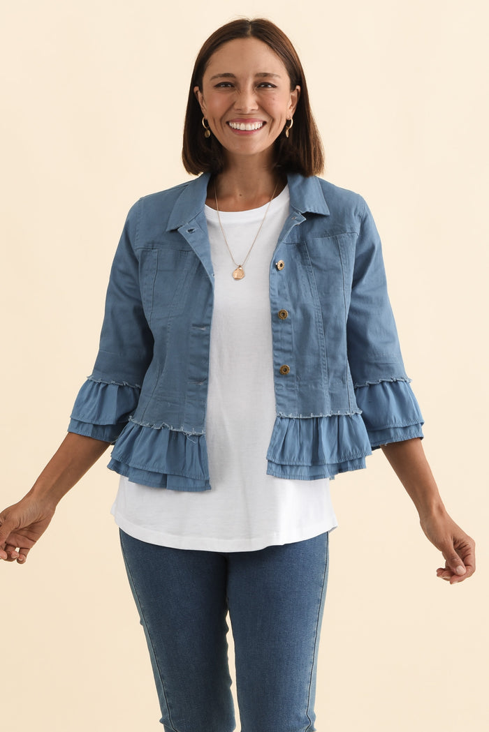 Dolores Blue Cotton Frill Jacket,Brunette model,alt text|model:Cara