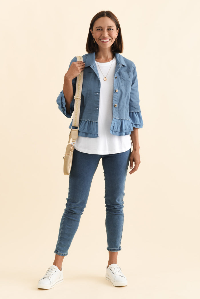 Dolores Blue Cotton Frill Jacket,Brunette model,alt text|model:Cara