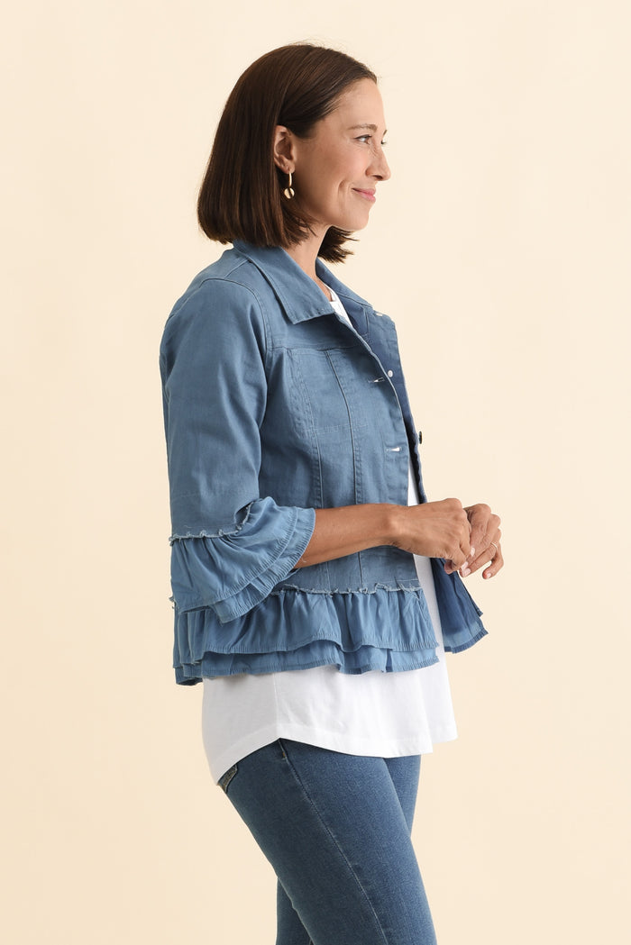 Dolores Blue Cotton Frill Jacket,Brunette model,alt text|model:Cara