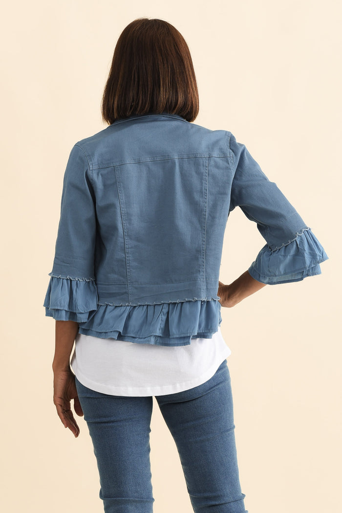 Dolores Blue Cotton Frill Jacket,Brunette model,alt text|model:Cara