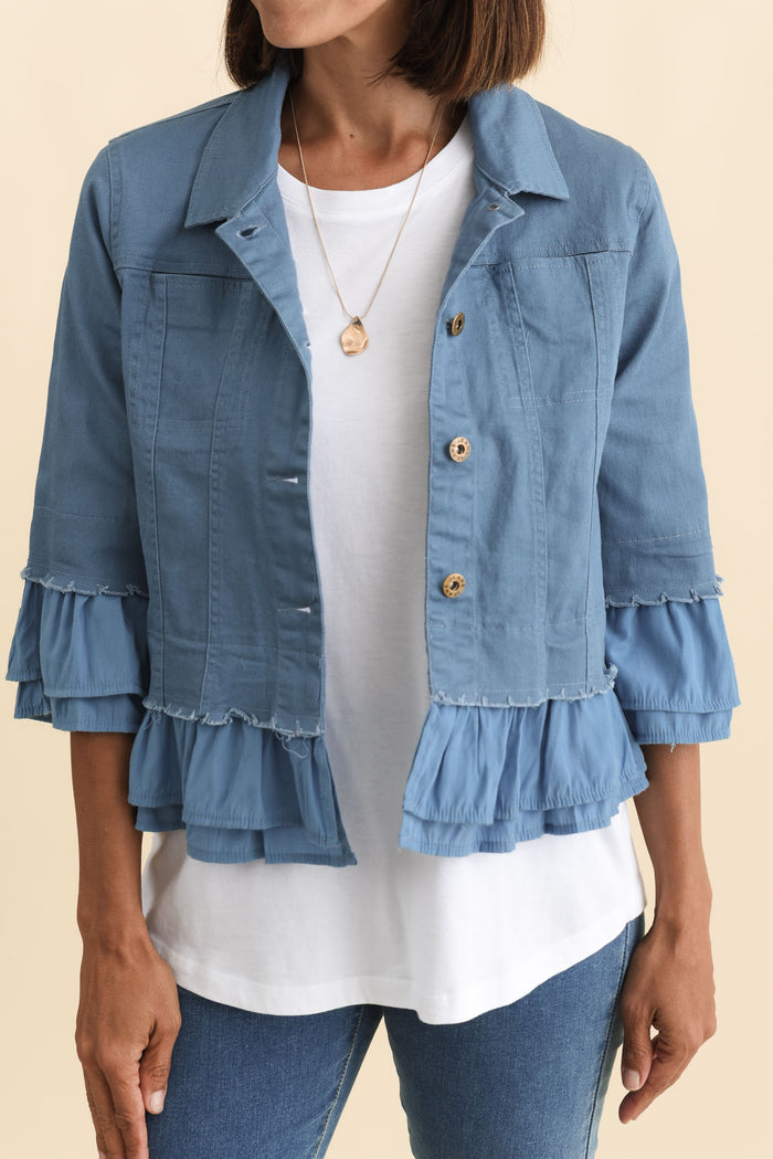 Dolores Blue Cotton Frill Jacket,Brunette model,alt text|model:Cara