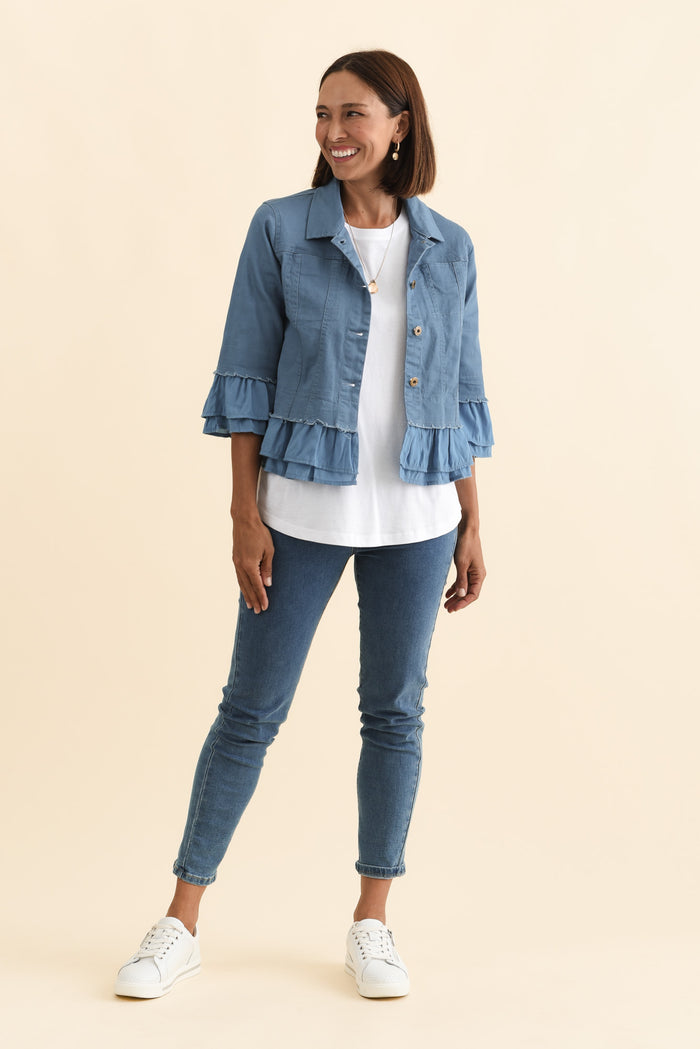Dolores Blue Cotton Frill Jacket,Brunette model,alt text|model:Cara