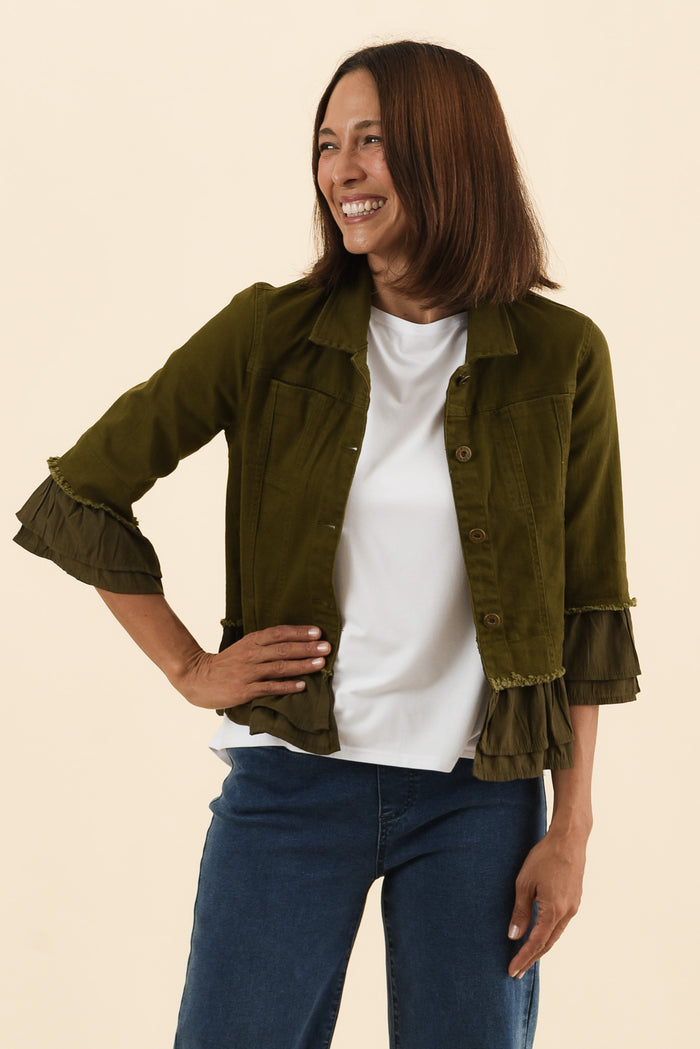 Dolores Khaki Cotton Frill Jacket,Front,Brunette model,alt text|model:Cara