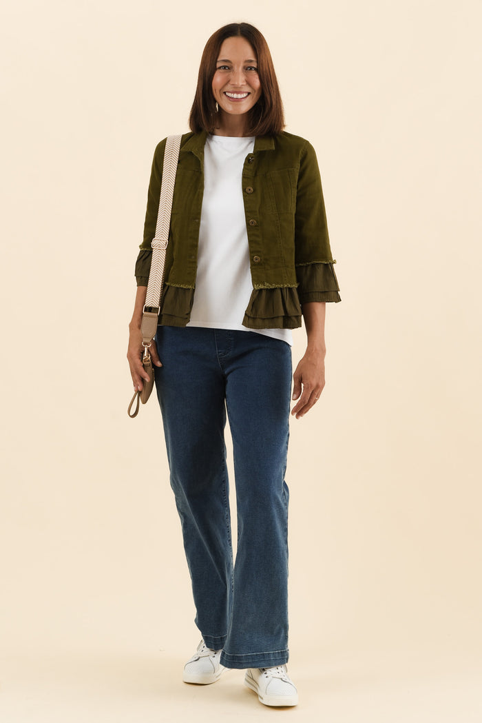 Dolores Khaki Cotton Frill Jacket,Full Body,Brunette model,alt text|model:Cara