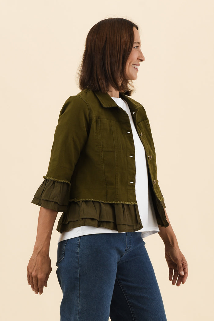 Dolores Khaki Cotton Frill Jacket,Side,Brunette model,alt text|model:Cara