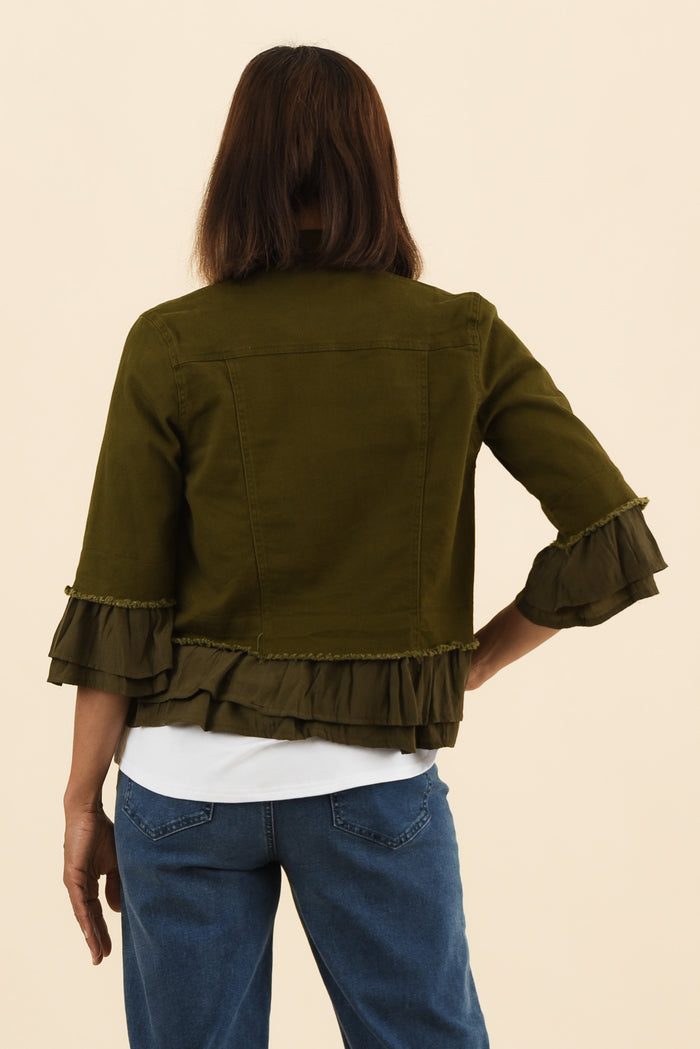 Dolores Khaki Cotton Frill Jacket,Back,Brunette model,alt text|model:Cara