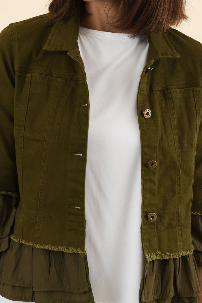 Dolores Khaki Cotton Frill Jacket,Detail,Brunette model,alt text|model:Cara