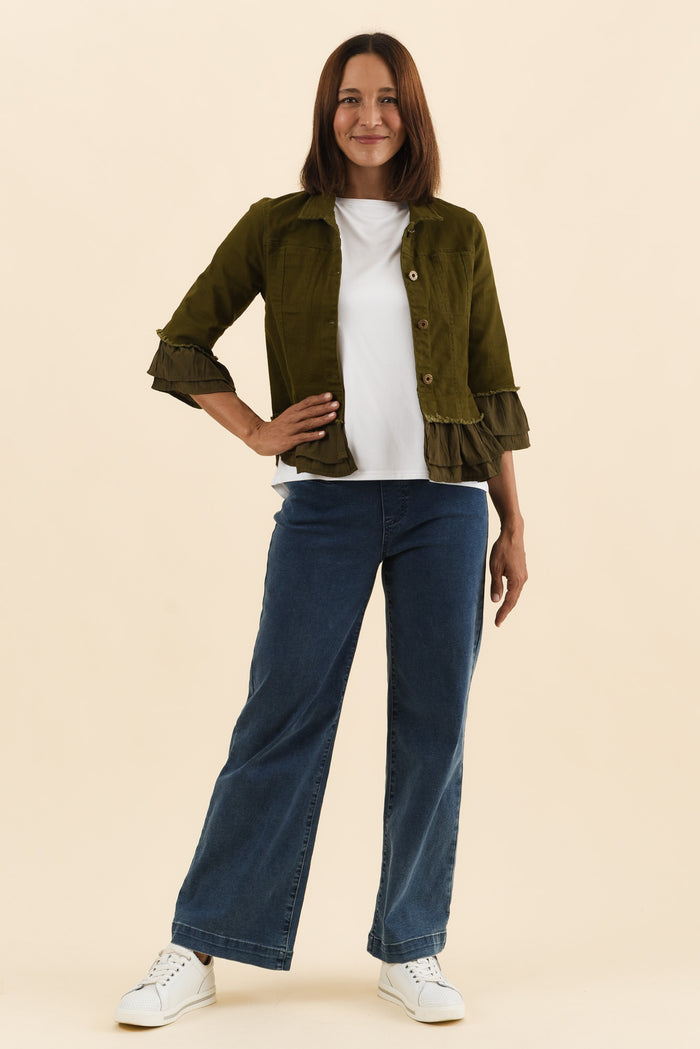 Dolores Khaki Cotton Frill Jacket,Full Body,Brunette model,alt text|model:Cara