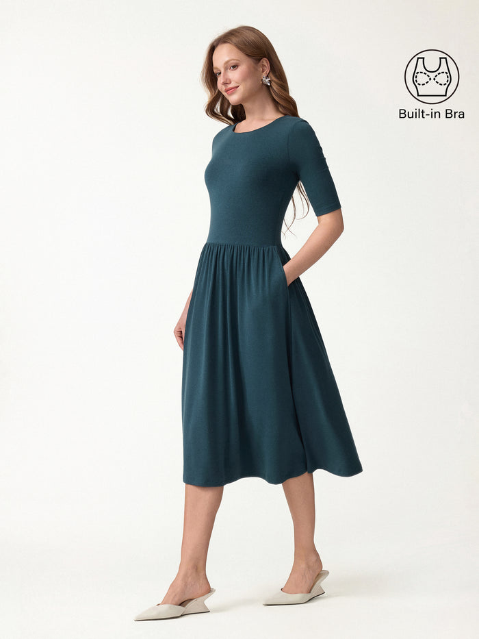 Eco-Mousse® Round Neck Elbow Sleeve Fit-and-Flare Midi Bra Dress with Pockets