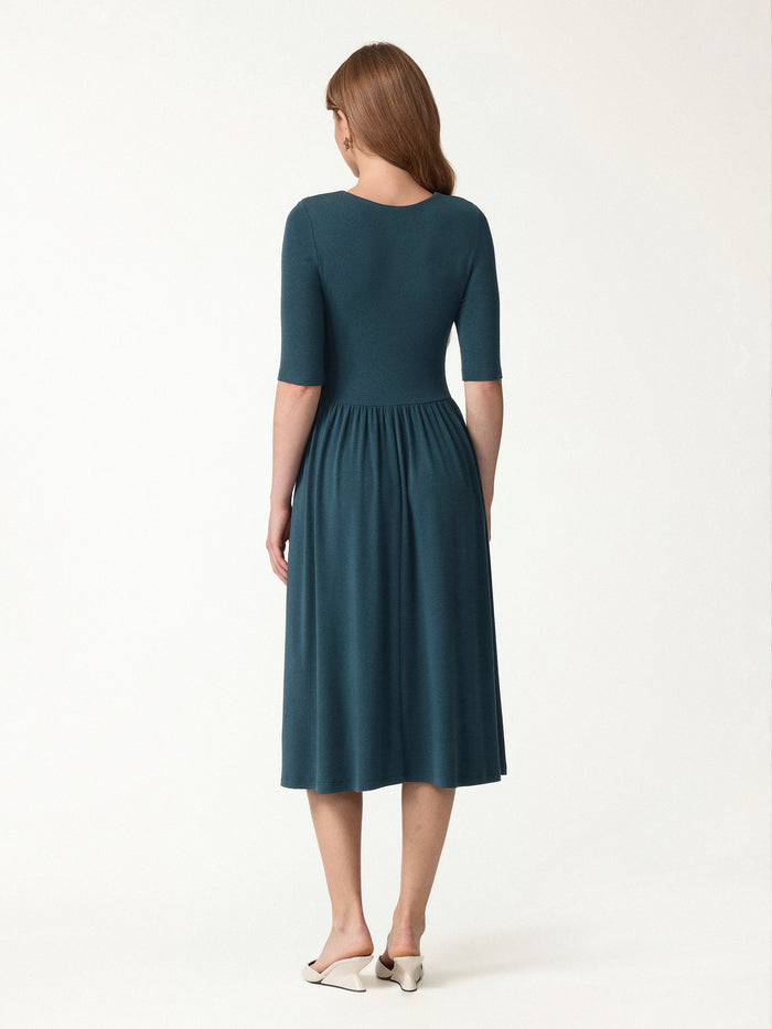 OGLmove Eco-Mousse® Round Neck Elbow Sleeve Fit-and-Flare Midi Bra Dress with Pockets