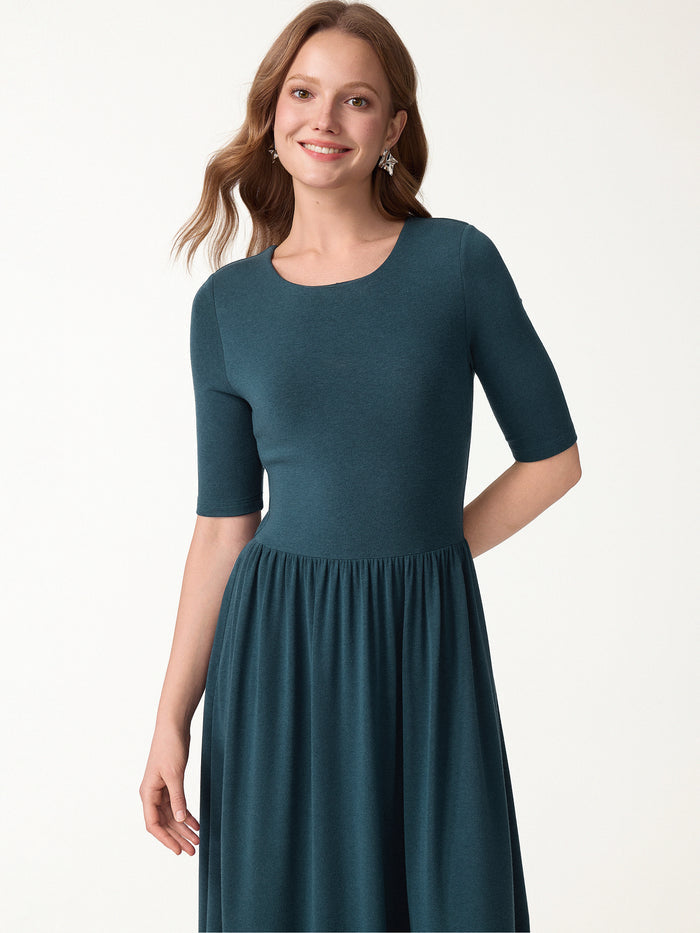 OGLmove Eco-Mousse® Round Neck Elbow Sleeve Fit-and-Flare Midi Bra Dress with Pockets