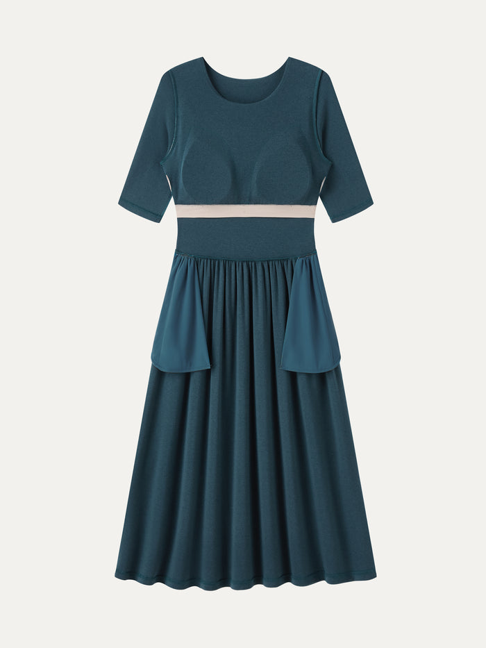 Eco-Mousse® Round Neck Elbow Sleeve Fit-and-Flare Midi Bra Dress with Pockets