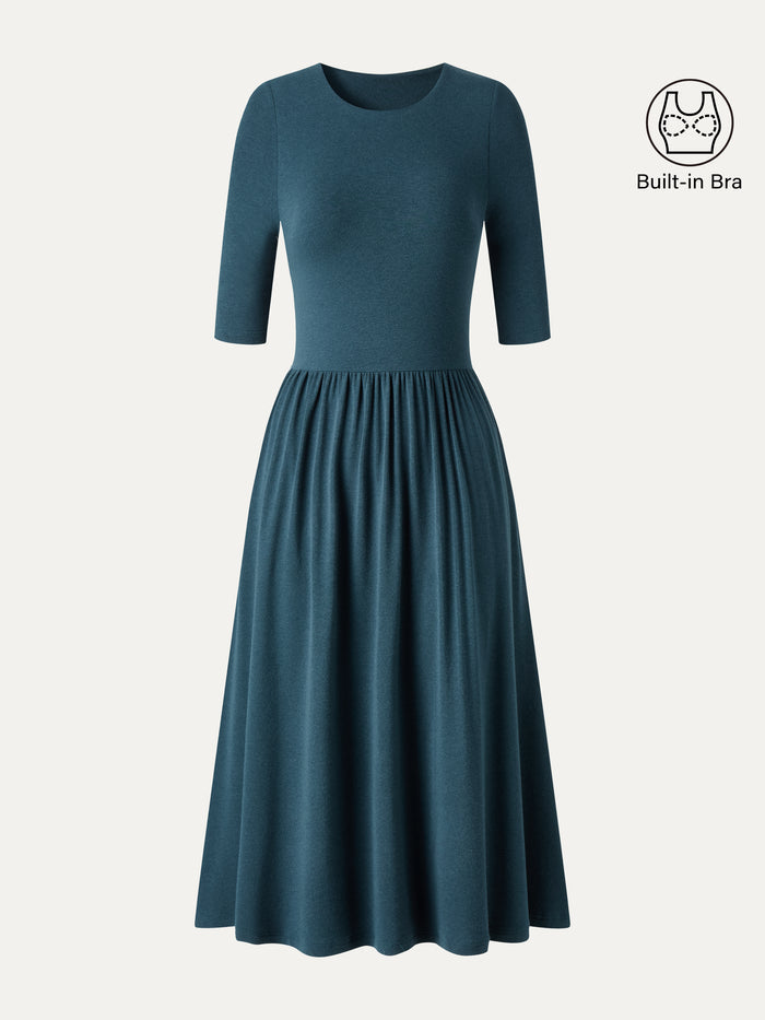 OGLmove Eco-Mousse® Round Neck Elbow Sleeve Fit-and-Flare Midi Bra Dress with Pockets