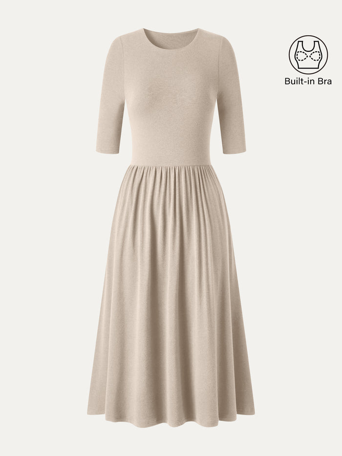 OGLmove Eco-Mousse® Round Neck Elbow Sleeve Fit-and-Flare Midi Bra Dress with Pockets Natural Calico XXS