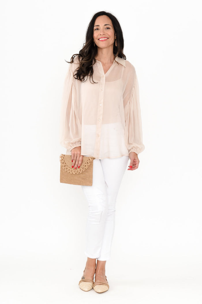 Eden Cream Collared Shirt,Brunette model,alt text|model:Nicole