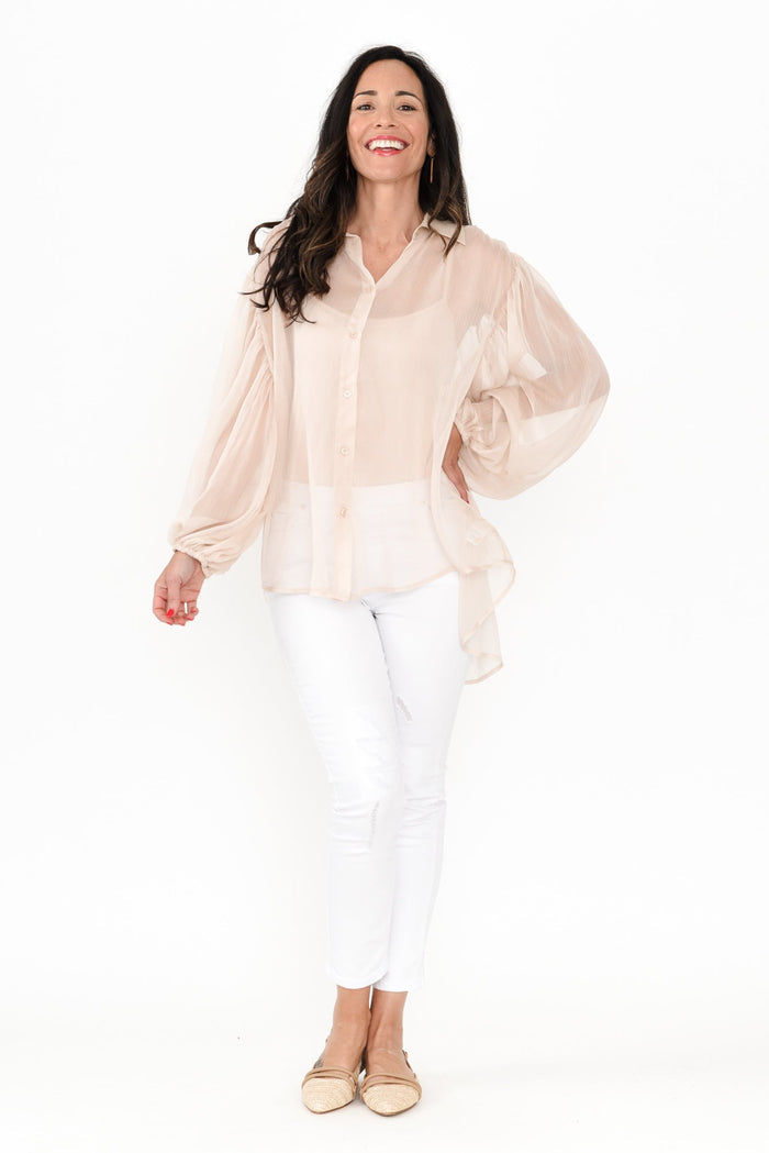 Eden Cream Collared Shirt,Brunette model,alt text|model:Nicole