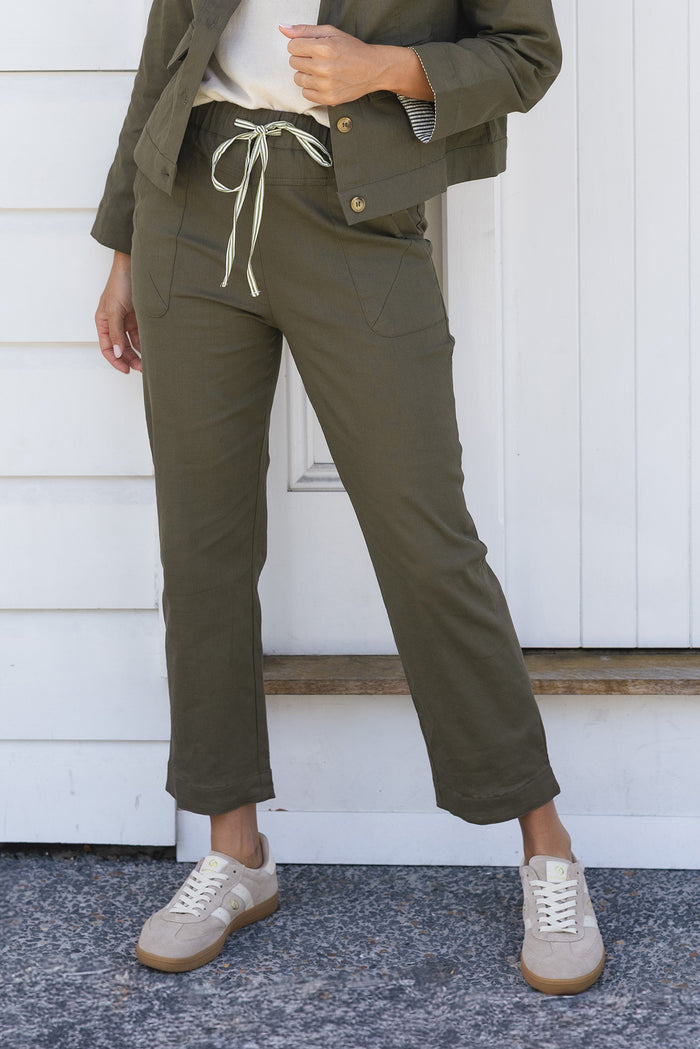 Edia Khaki Linen Blend Pants,Lifestyle