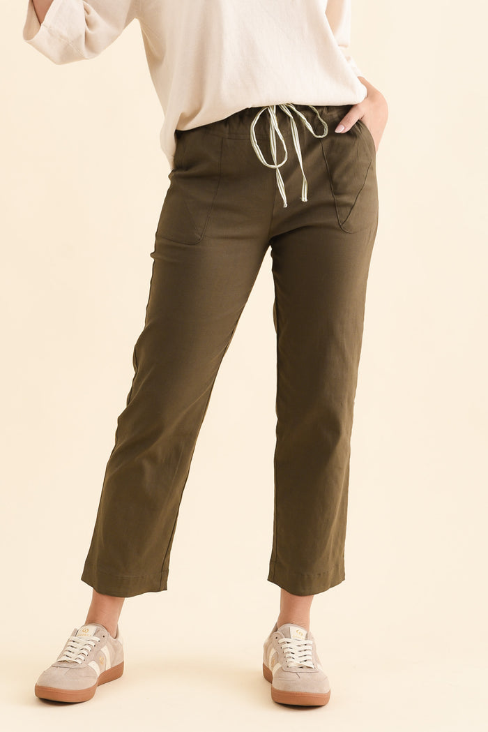 Edia Khaki Linen Blend Pants,Brunette model,alt text|model:MJ