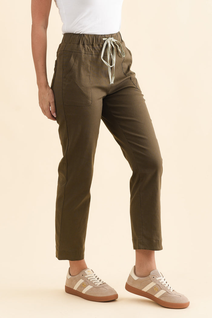 Edia Khaki Linen Blend Pants,Brunette model,alt text|model:MJ