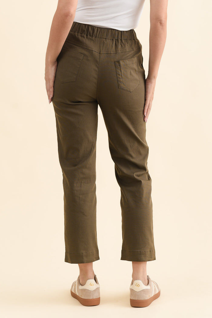 Edia Khaki Linen Blend Pants,Brunette model,alt text|model:MJ
