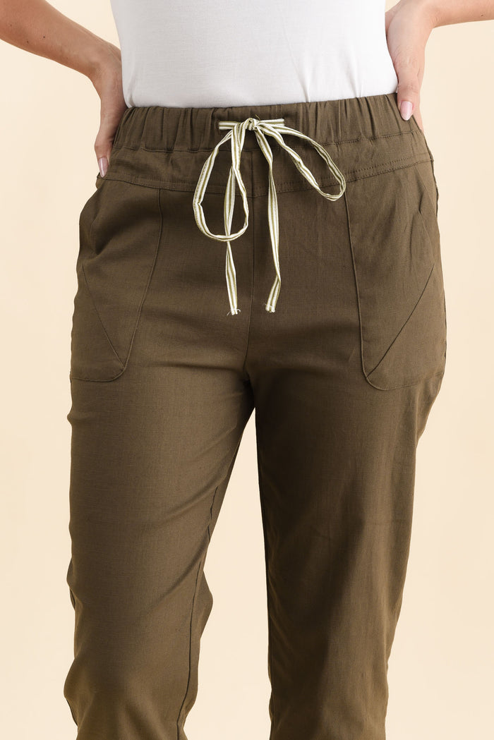 Edia Khaki Linen Blend Pants,Brunette model,alt text|model:MJ