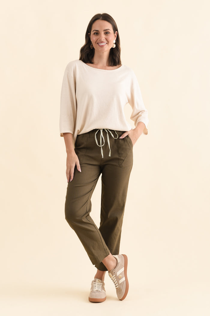 Edia Khaki Linen Blend Pants,Brunette model,alt text|model:MJ