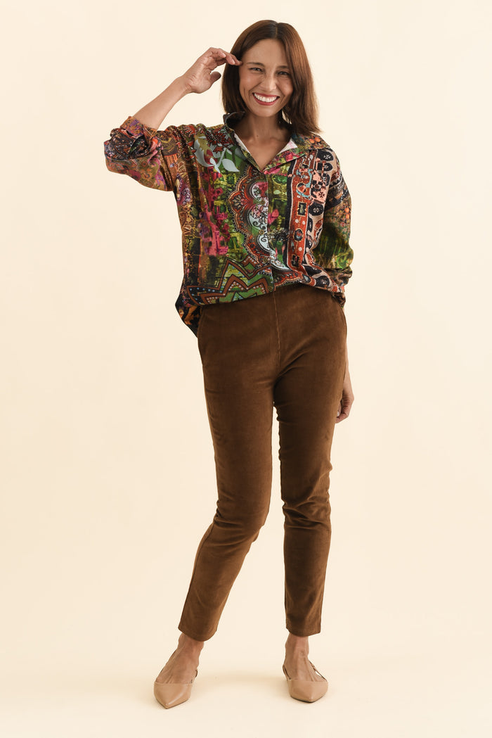Elle Brown Corduroy Pants,Brunette model,alt text|model:Cara