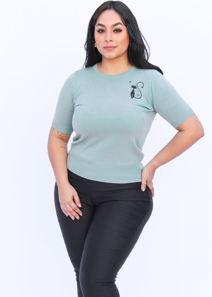 Embroidered Pastel Blue Cat Knit Blouse