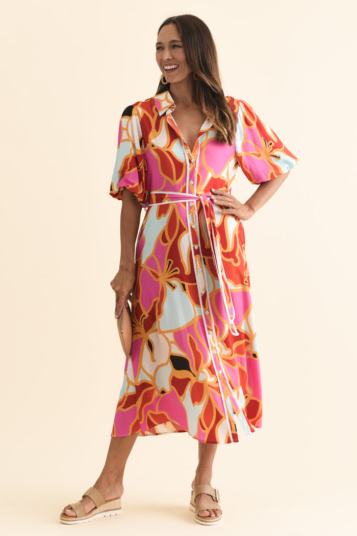 Eri Red Abstract Tie Dress,Brunette model,alt text|model:Cara