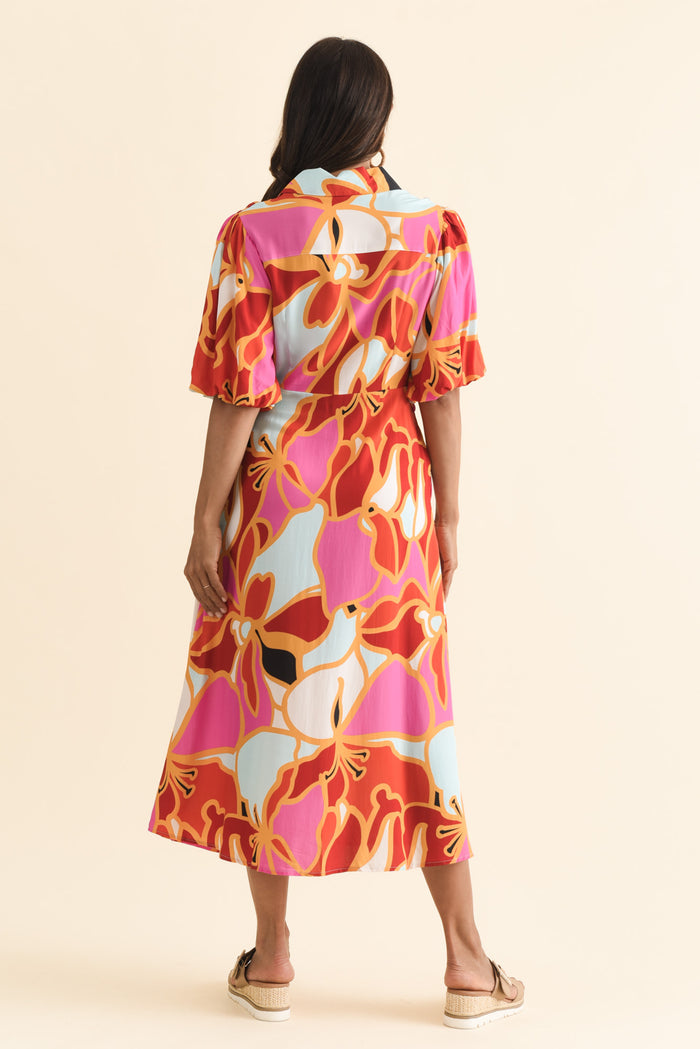 Eri Red Abstract Tie Dress,Brunette model,alt text|model:Cara