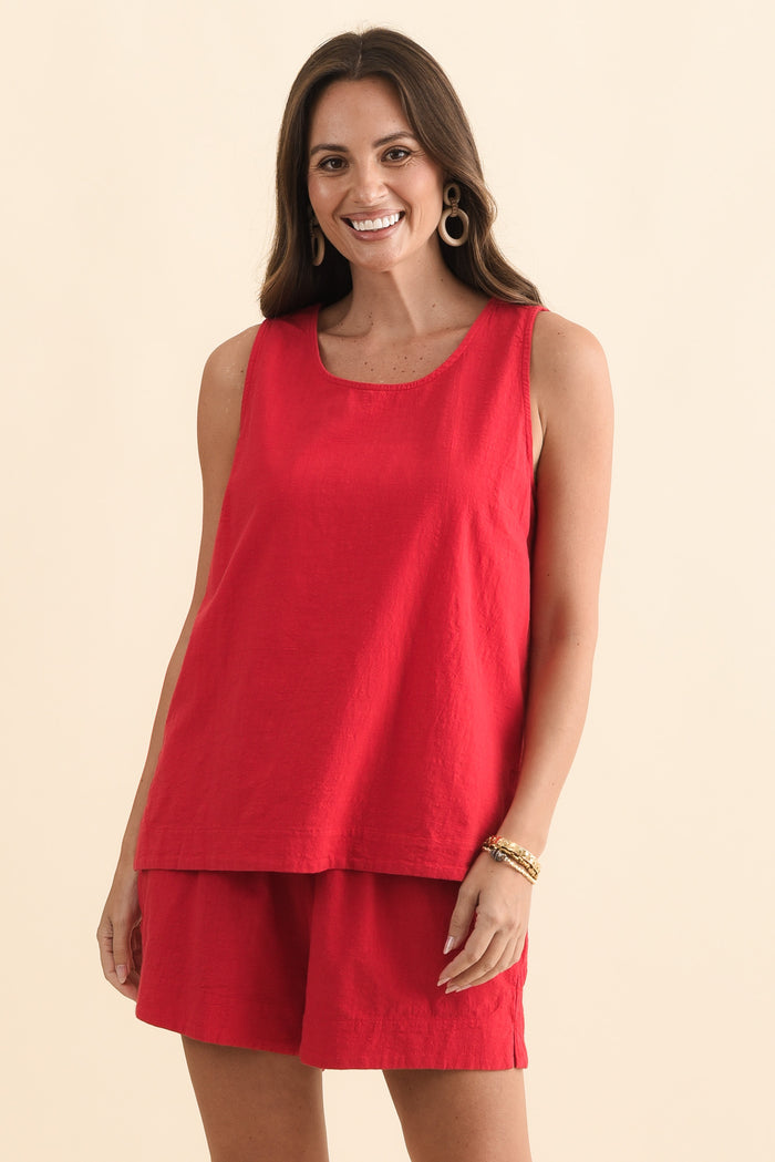 Esme Red Cotton Tank Top,Brunette model,alt text|model:MJ