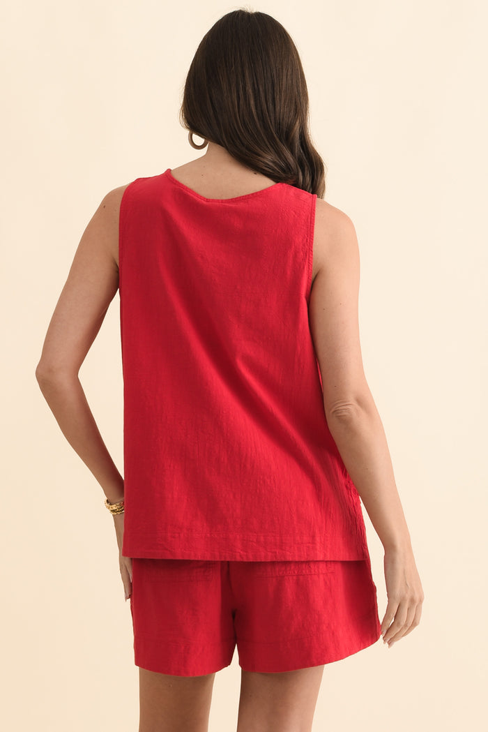 Esme Red Cotton Tank Top,Brunette model,alt text|model:MJ