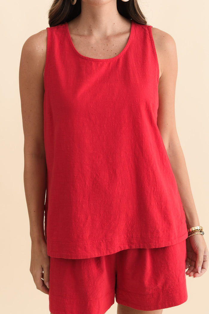 Esme Red Cotton Tank Top,Brunette model,alt text|model:MJ