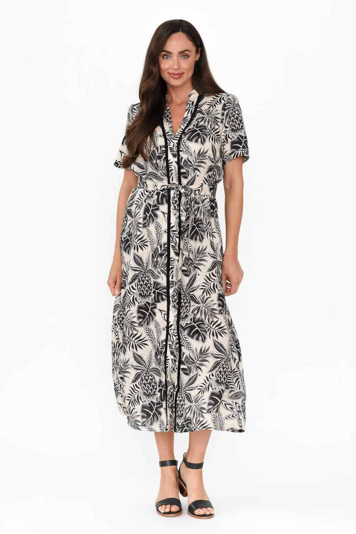 Essadora Black Leaf Linen Dress,Brunette model,alt text|model:Elouise