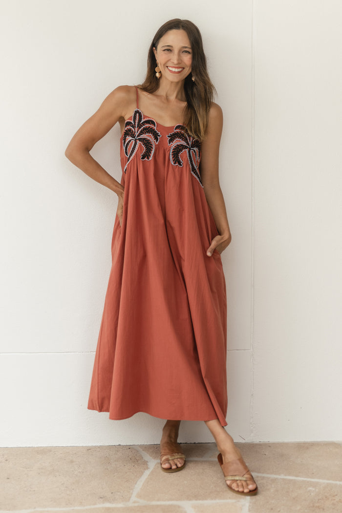 Essen Rust Cotton Poplin Embroidered Dress,Lifestyle