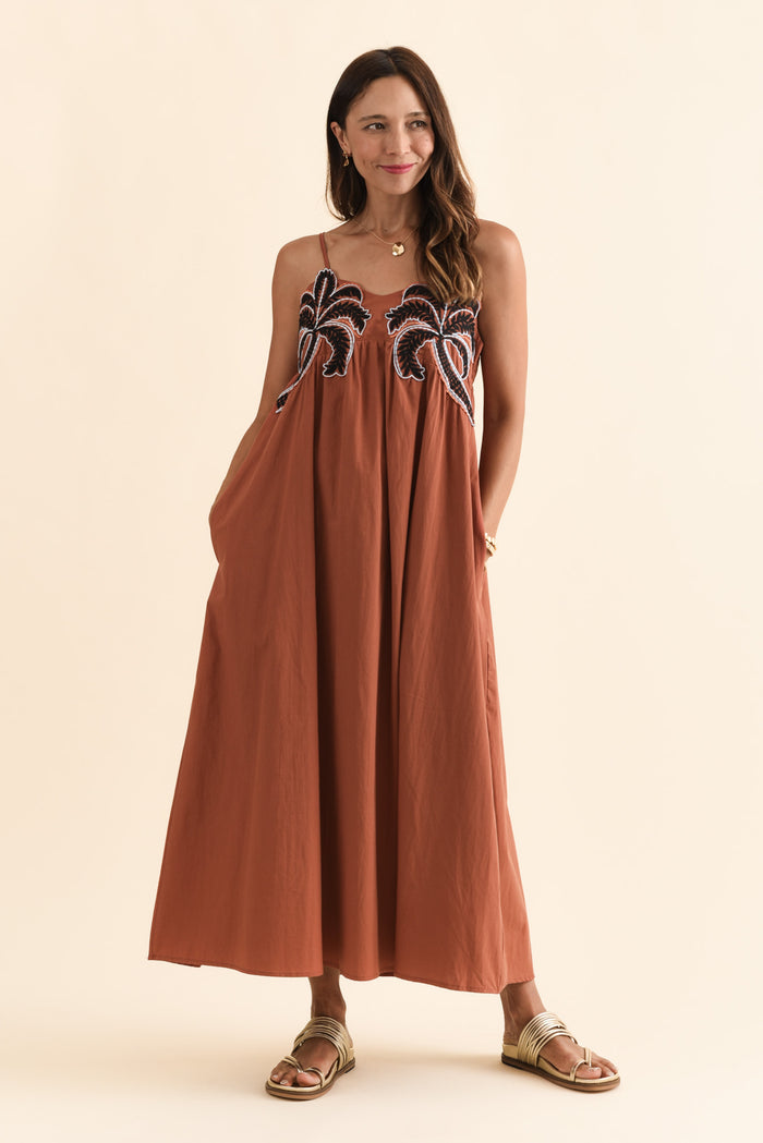 Essen Rust Cotton Poplin Embroidered Dress,Brunette model,alt text|model:Cara