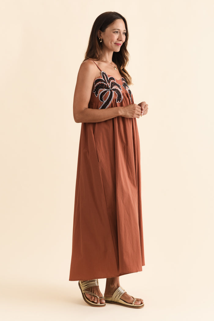 Essen Rust Cotton Poplin Embroidered Dress,Brunette model,alt text|model:Cara