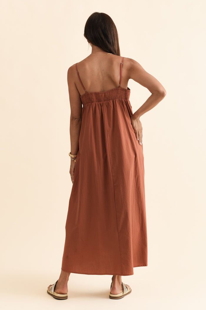 Essen Rust Cotton Poplin Embroidered Dress,Brunette model,alt text|model:Cara