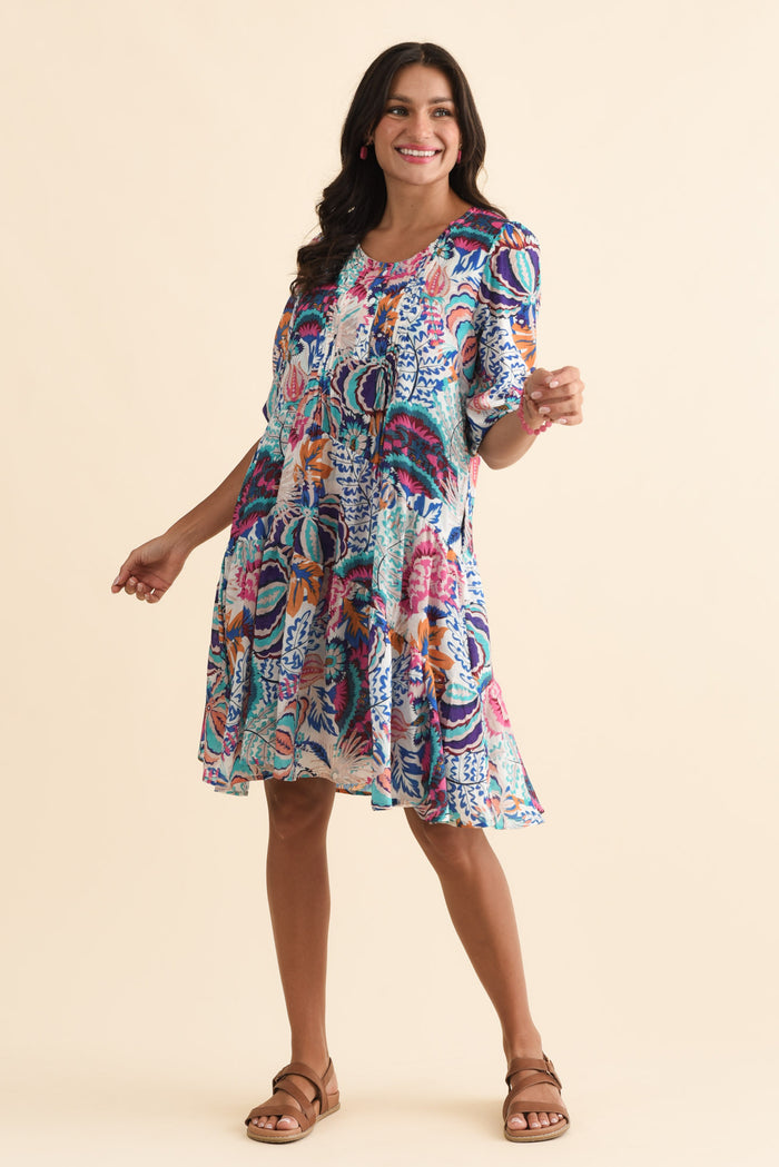 Esta Blue Garden Sleeved Dress,Brunette model,alt text|model:Brontie