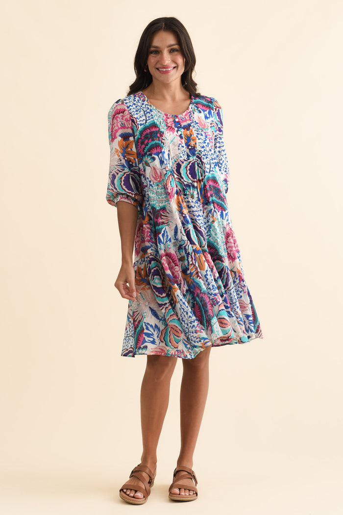Esta Blue Garden Sleeved Dress,Brunette model,alt text|model:Brontie