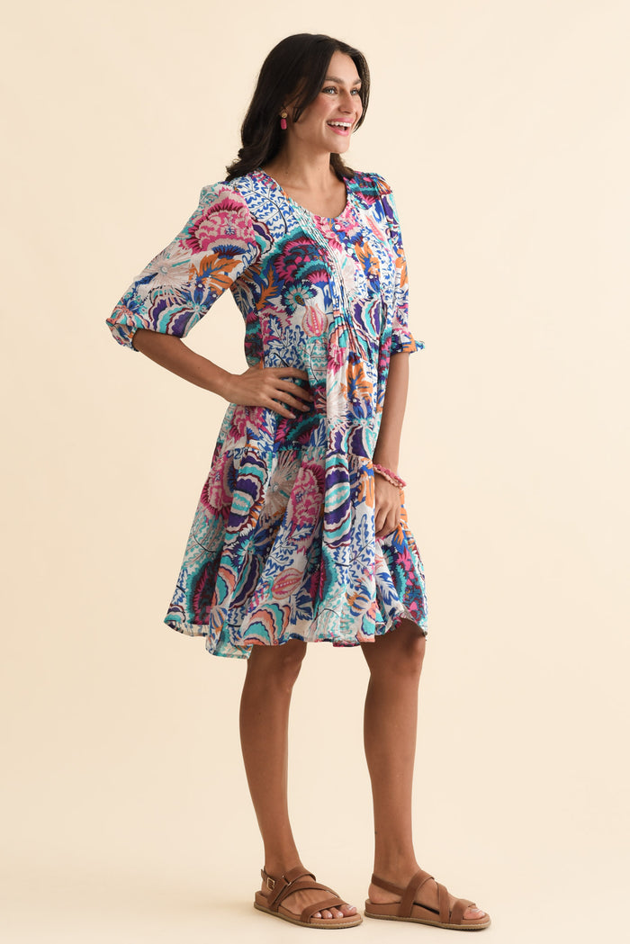 Esta Blue Garden Sleeved Dress,Brunette model,alt text|model:Brontie