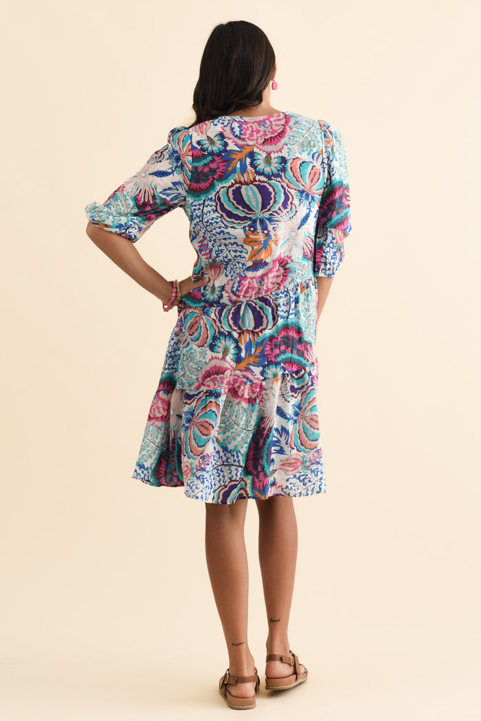 Esta Blue Garden Sleeved Dress,Brunette model,alt text|model:Brontie