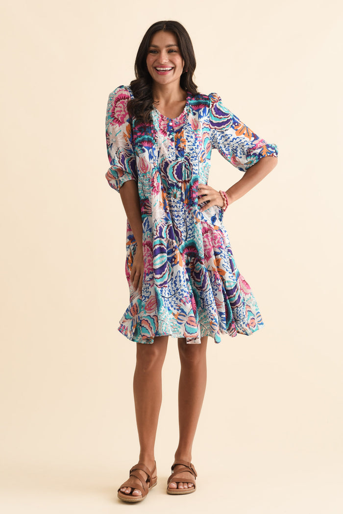 Esta Blue Garden Sleeved Dress,Brunette model,alt text|model:Brontie