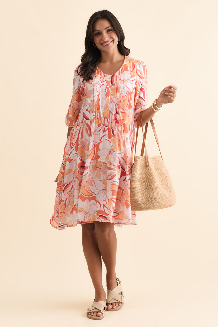 Esta Orange Flower Sleeved Dress,Brunette model,alt text|model:Brontie