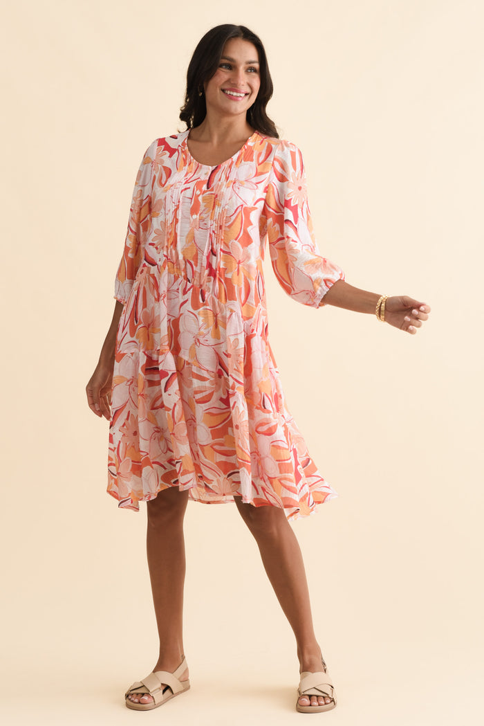 Esta Orange Flower Sleeved Dress,Brunette model,alt text|model:Brontie