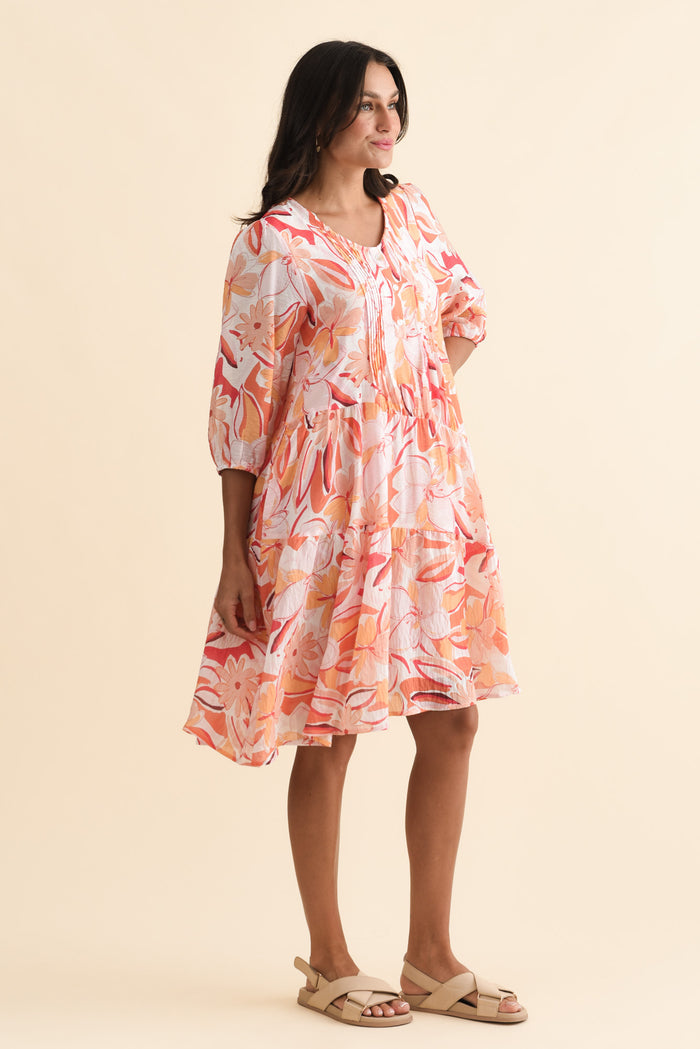 Esta Orange Flower Sleeved Dress,Brunette model,alt text|model:Brontie