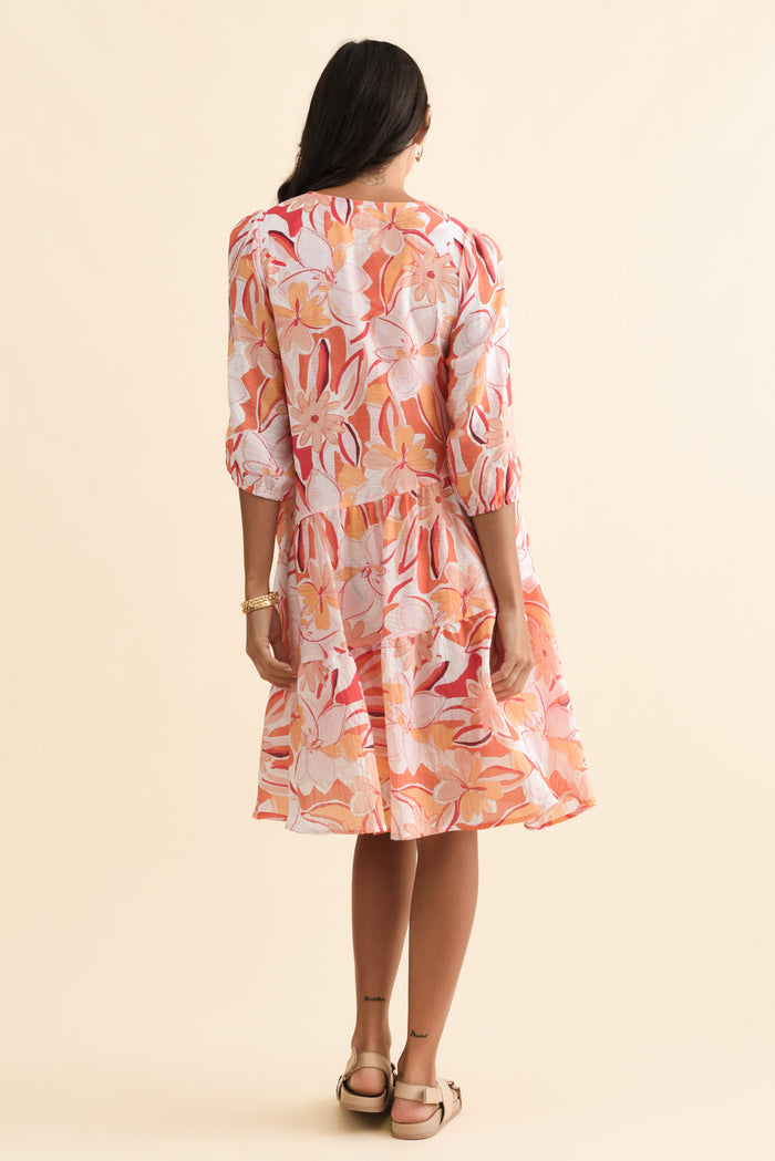 Esta Orange Flower Sleeved Dress,Brunette model,alt text|model:Brontie