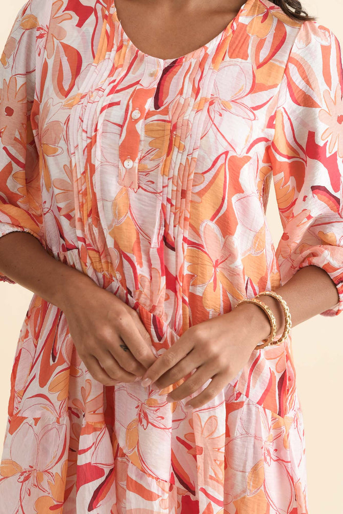 Esta Orange Flower Sleeved Dress,Brunette model,alt text|model:Brontie