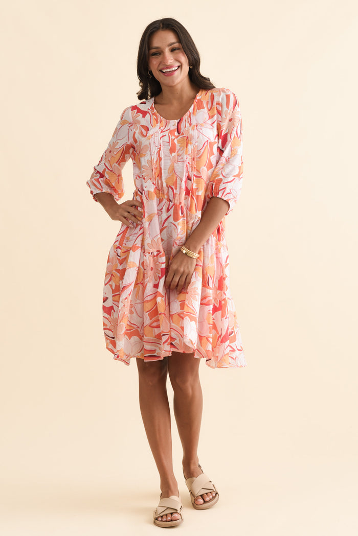 Esta Orange Flower Sleeved Dress,Brunette model,alt text|model:Brontie