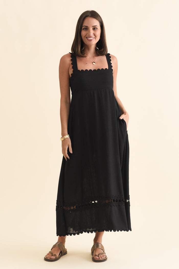 Falice Black Contrast Linen Blend Dress,Brunette model,alt text|model:MJ